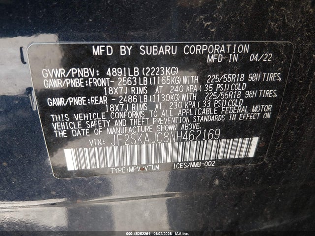 Aukcja sprzedaży 2022 Subaru Forester Sport, vin: JF2SKAJC8NH462169, numer aukcji: 45252261