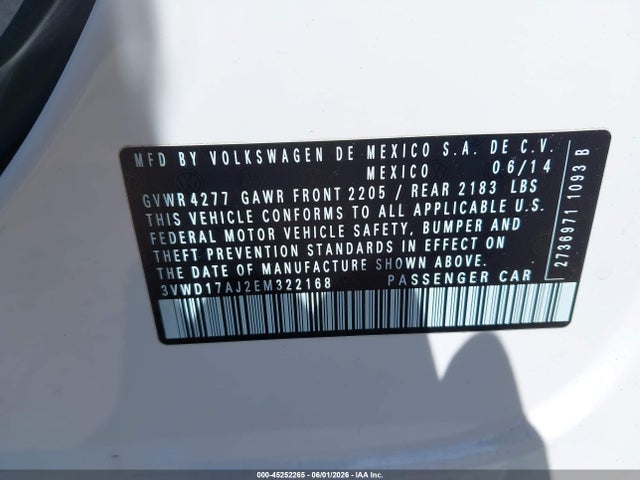 2014 Volkswagen Jetta 1.8t Se მანქანა იყიდება აუქციონზე, vin: 3VWD17AJ2EM322168, აუქციონის ნომერი: 45252265
