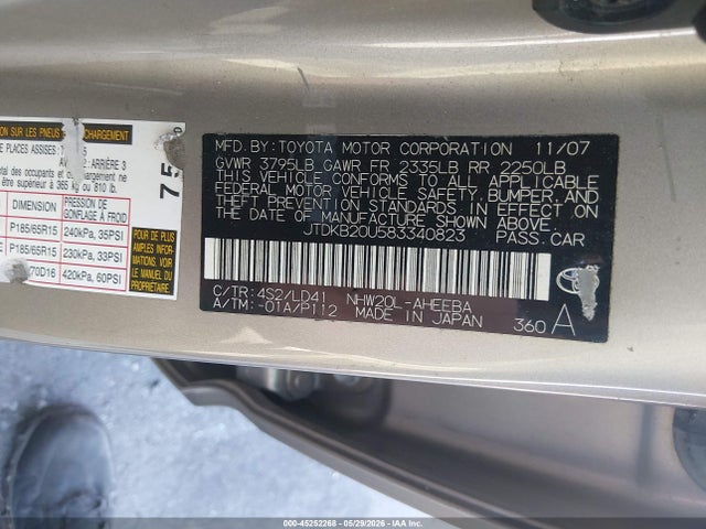 Aukcja sprzedaży 2008 Toyota Prius, vin: JTDKB20U583340823, numer aukcji: 45252268