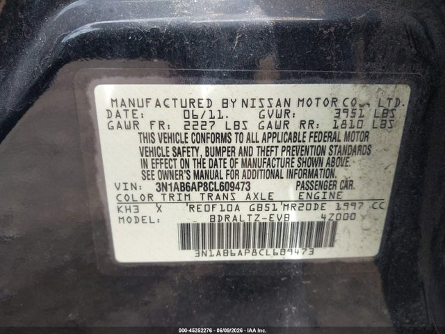 Aukcja sprzedaży 2012 Nissan Sentra 2.0 Sr, vin: 3N1AB6AP8CL609473, numer aukcji: 45252276