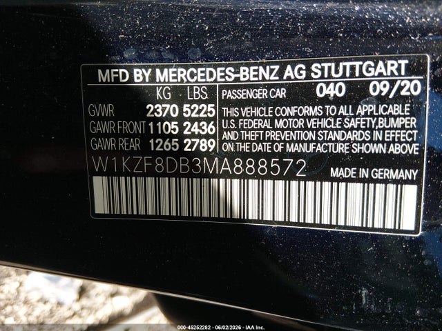45252282 :رقم المزاد ، W1KZF8DB3MA888572 vin ، 2021 Mercedes-benz E 350 مزاد بيع