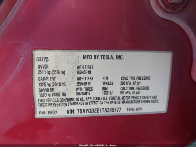 45252295 :رقم المزاد ، 7SAYGDEE1TA385777 vin ، 2026 Tesla Model Y All-wheel Drive/long Range Launch Series/premium All-wheel Drive مزاد بيع