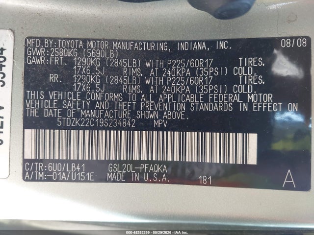 45252299 :رقم المزاد ، 5TDZK22C19S234842 vin ، 2009 Toyota Sienna Xle مزاد بيع