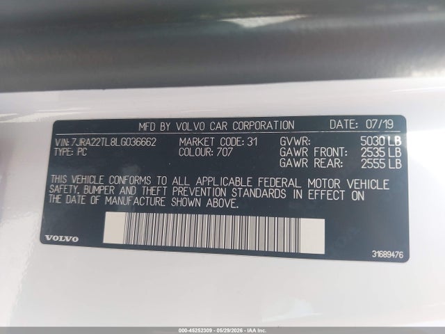 Aukcja sprzedaży 2020 Volvo S60 T6 Inscription, vin: 7JRA22TL8LG036662, numer aukcji: 45252309