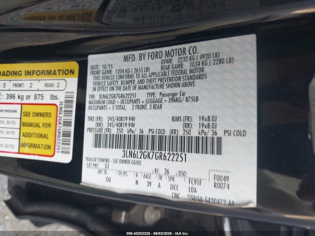 Продаж на аукціоні авто 2016 Lincoln Mkz, vin: 3LN6L2GK7GR622251, номер лоту: 45252328