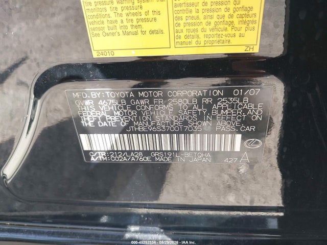 Продаж на аукціоні авто 2007 Lexus Gs 350, vin: JTHBE96S370017035, номер лоту: 45252334