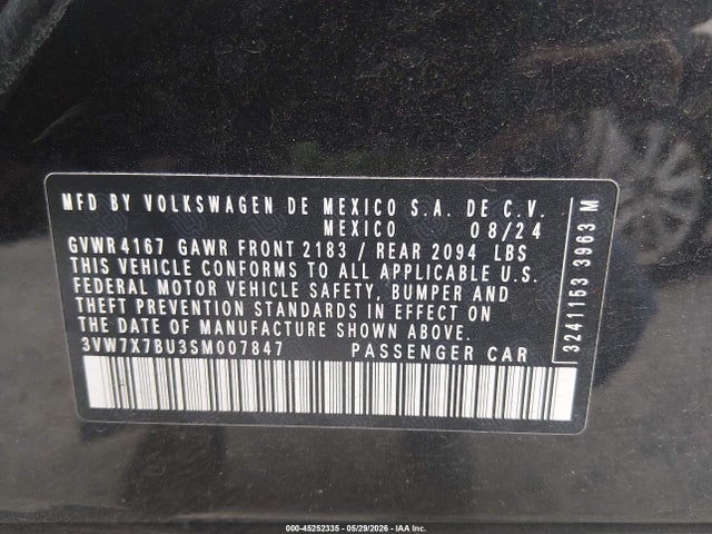 Aukcja sprzedaży 2025 Volkswagen Jetta 1.5t Se, vin: 3VW7X7BU3SM007847, numer aukcji: 45252335