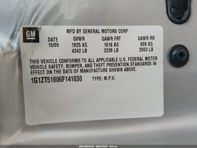 Продаж на аукціоні авто 2006 Chevrolet Malibu Lt, vin: 1G1ZT51806F141830, номер лоту: 45252338