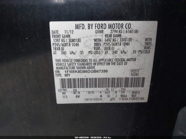 2013 Ford Explorer Xlt მანქანა იყიდება აუქციონზე, vin: 1FM5K8D86DGB67356, აუქციონის ნომერი: 45252358