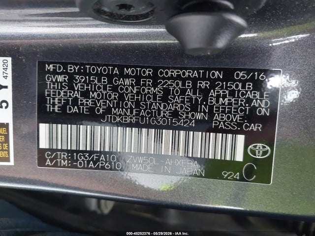 Aukcja sprzedaży 2016 Toyota Prius Two, vin: JTDKBRFU1G3015424, numer aukcji: 45252376