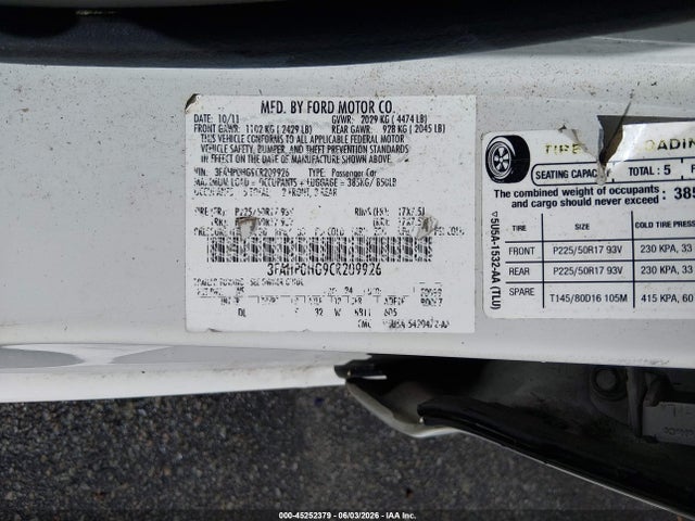 Продажа на аукционе авто 2012 Ford Fusion Se, vin: 3FAHP0HG9CR209926, номер лота: 45252379