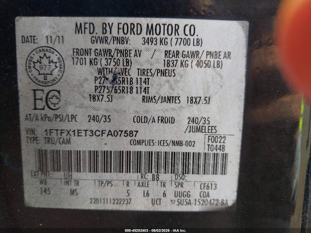 Продажа на аукционе авто 2012 Ford F-150 Xlt, vin: 1FTFX1ET3CFA07587, номер лота: 45252403