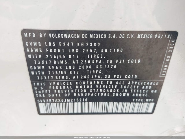 2018 Volkswagen Tiguan 2.0t Se/2.0t Sel მანქანა იყიდება აუქციონზე, vin: 3VV3B7AX6JM215216, აუქციონის ნომერი: 45252411