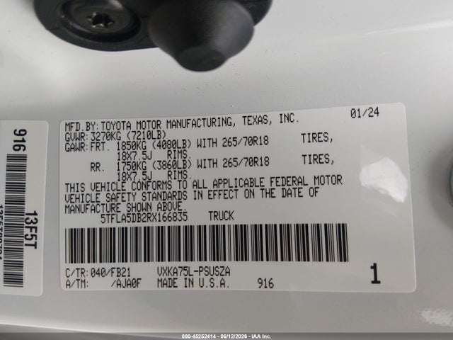 2024 Toyota Tundra Sr5 მანქანა იყიდება აუქციონზე, vin: 5TFLA5DB2RX166835, აუქციონის ნომერი: 45252414