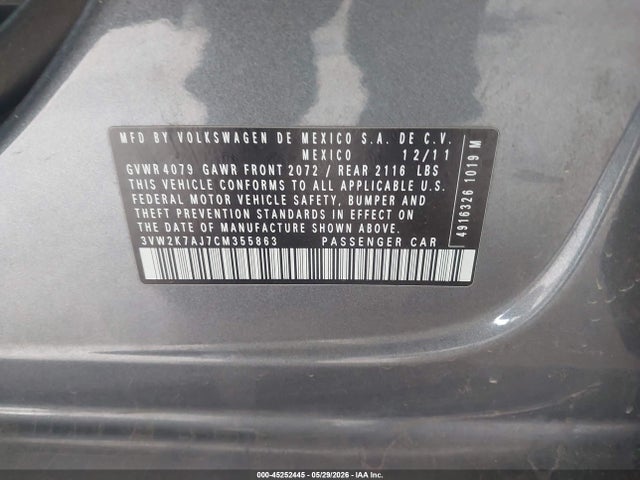 Продаж на аукціоні авто 2012 Volkswagen Jetta 2.0l S, vin: 3VW2K7AJ7CM355863, номер лоту: 45252445