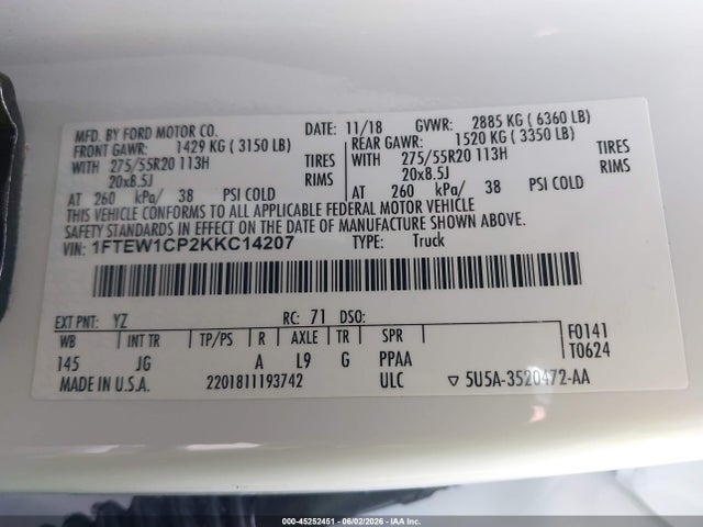Auction sale of the 2019 Ford F-150 Xl, vin: 1FTEW1CP2KKC14207, lot number: 45252451