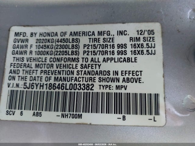 Продажа на аукционе авто 2006 Honda Element Ex, vin: 5J6YH18646L003382, номер лота: 45252458