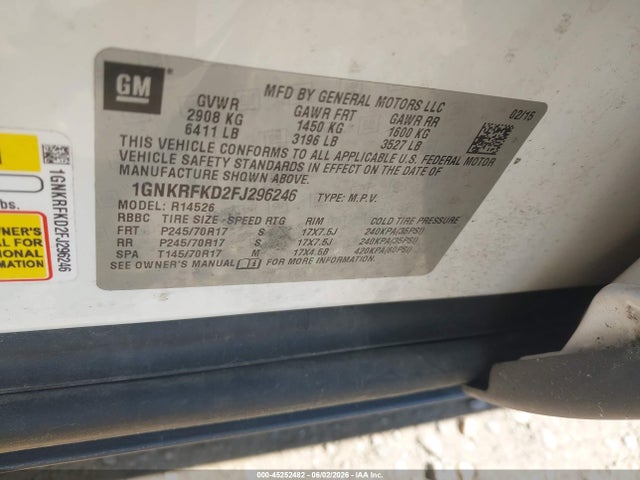 Продаж на аукціоні авто 2015 Chevrolet Traverse Ls, vin: 1GNKRFKD2FJ296246, номер лоту: 45252482