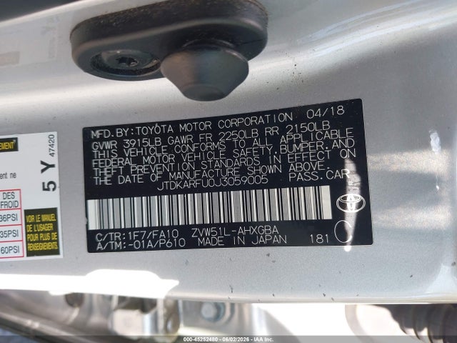 2018 Toyota Prius Three მანქანა იყიდება აუქციონზე, vin: JTDKARFU0J3059005, აუქციონის ნომერი: 45252480