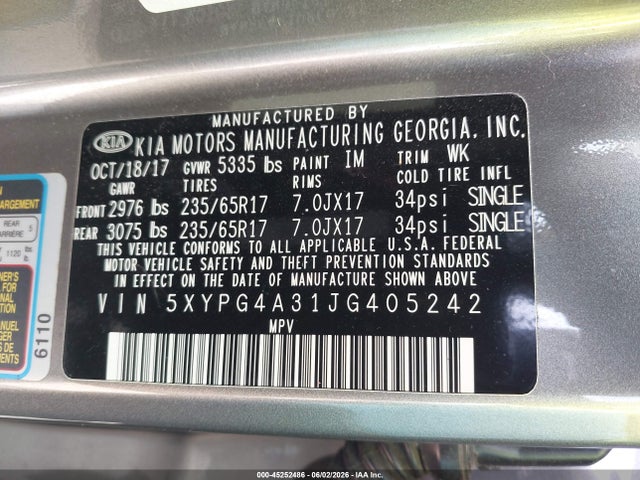 Aukcja sprzedaży 2018 Kia Sorento 2.4l Lx, vin: 5XYPG4A31JG405242, numer aukcji: 45252486