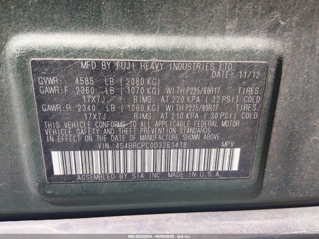 Aukcja sprzedaży 2013 Subaru Outback 2.5i Limited, vin: 4S4BRCPC0D3261418, numer aukcji: 45252504