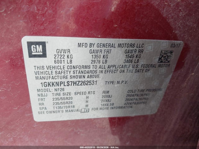 45252518 :رقم المزاد ، 1GKKNPLS7HZ262531 vin ، 2017 Gmc Acadia Denali مزاد بيع