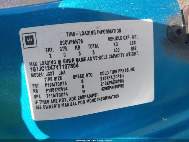 45252536 :رقم المزاد ، 1G1JC1247Y7107804 vin ، 2000 Chevrolet Cavalier مزاد بيع