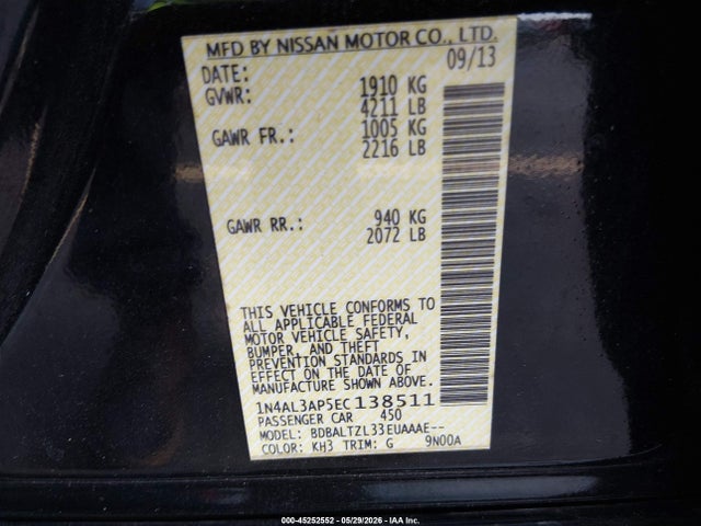 45252552 :رقم المزاد ، 1N4AL3AP5EC138511 vin ، 2014 Nissan Altima 2.5 Sv مزاد بيع