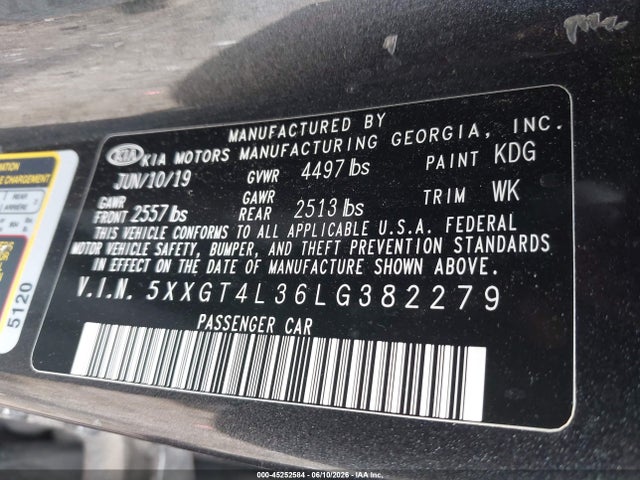 2020 Kia Optima Lx მანქანა იყიდება აუქციონზე, vin: 5XXGT4L36LG382279, აუქციონის ნომერი: 45252584