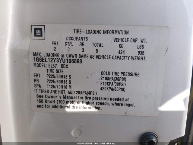 2000 Cadillac Eldorado Esc მანქანა იყიდება აუქციონზე, vin: 1G6EL12Y3YU196898, აუქციონის ნომერი: 45252598