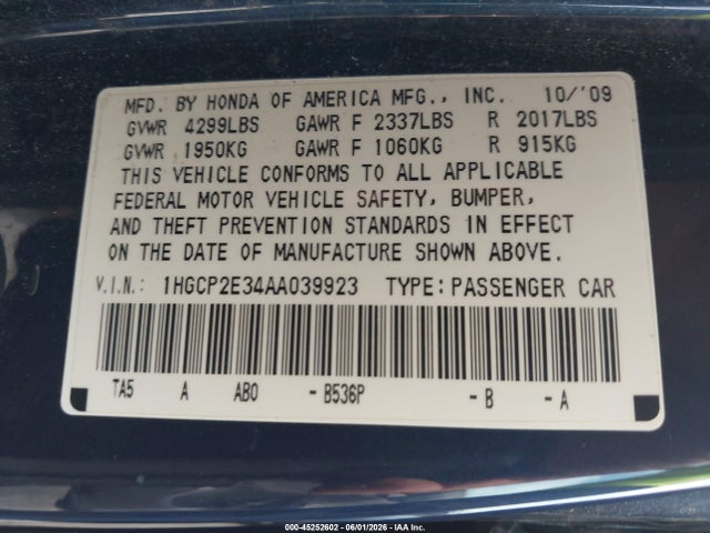 45252602 :رقم المزاد ، 1HGCP2E34AA039923 vin ، 2010 Honda Accord 2.4 Lx مزاد بيع
