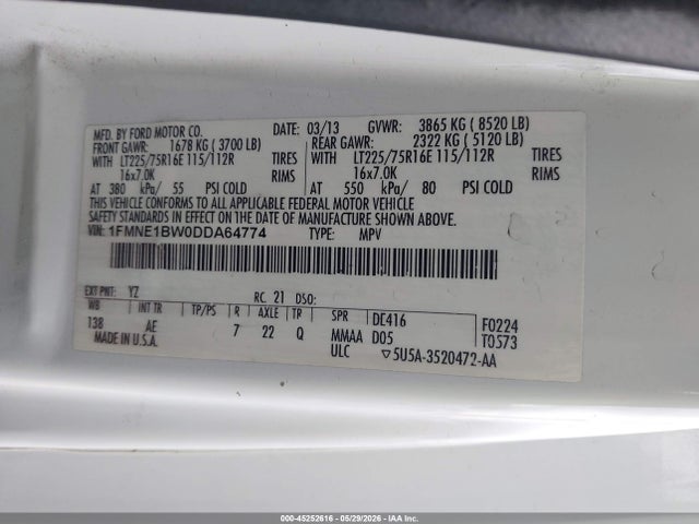 2013 Ford E-150 Xl მანქანა იყიდება აუქციონზე, vin: 1FMNE1BW0DDA64774, აუქციონის ნომერი: 45252616