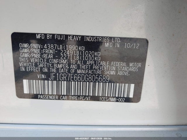 Продаж на аукціоні авто 2013 Subaru Impreza Wrx Premium, vin: JF1GR7E66DG805689, номер лоту: 45252627