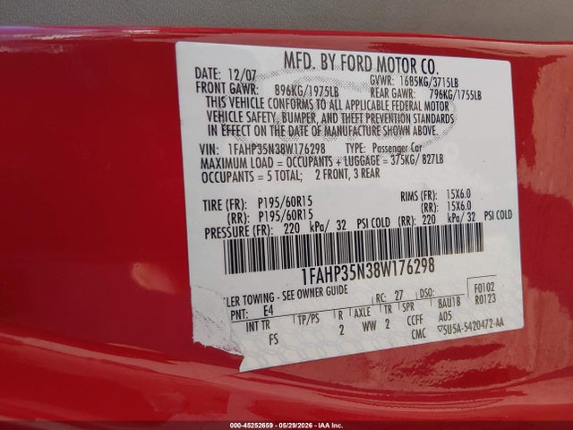 45252659 :رقم المزاد ، 1FAHP35N38W176298 vin ، 2008 Ford Focus Se/ses مزاد بيع