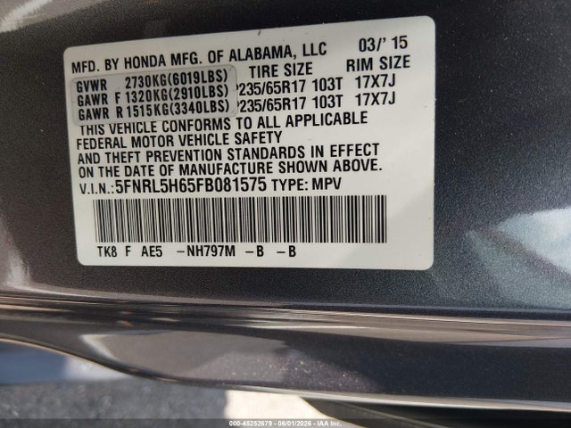 Aukcja sprzedaży 2015 Honda Odyssey Ex-l, vin: 5FNRL5H65FB081575, numer aukcji: 45252679