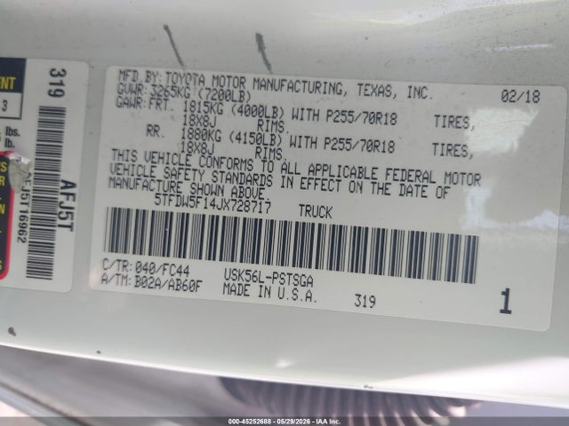 5TFDW5F14JX728717 Toyota Tundra Sr5 5.7l V8