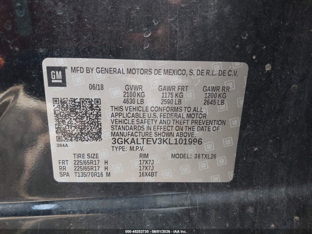 2019 Gmc Terrain Sle მანქანა იყიდება აუქციონზე, vin: 3GKALTEV3KL101996, აუქციონის ნომერი: 45252730