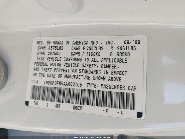 45252734 :رقم المزاد ، 1HGCP3F85AA002105 vin ، 2010 Honda Accord 3.5 Ex-l مزاد بيع
