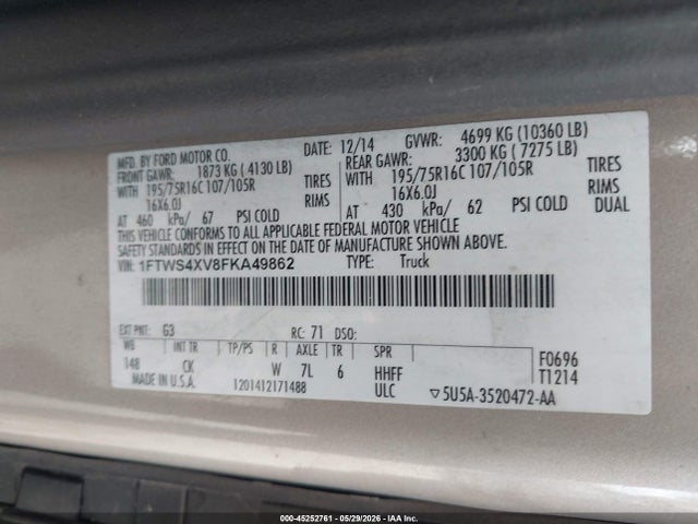 Продажа на аукционе авто 2015 Ford Transit-350, vin: 1FTWS4XV8FKA49862, номер лота: 45252761