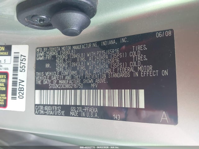 Aukcja sprzedaży 2008 Toyota Sienna Ce, vin: 5TDZK23C98S216750, numer aukcji: 45252770