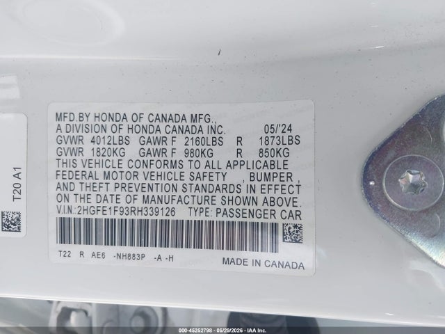 Honda Civic Touring 2024 2HGFE1F93RH339126 Image 9