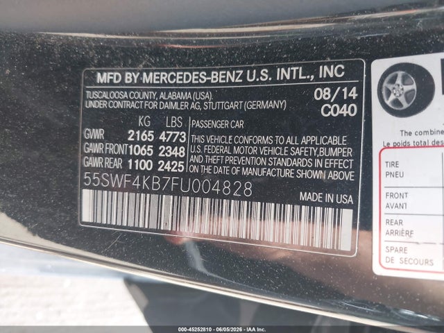 45252810 :رقم المزاد ، 55SWF4KB7FU004828 vin ، 2015 Mercedes-benz C 300 Sport 4matic مزاد بيع