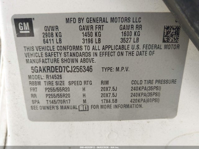 Aukcja sprzedaży 2012 Buick Enclave Premium, vin: 5GAKRDED7CJ256346, numer aukcji: 45252812