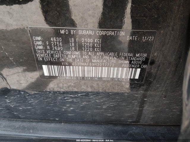 2024 Subaru Legacy Premium მანქანა იყიდება აუქციონზე, vin: 4S3BWAF69R3017772, აუქციონის ნომერი: 45252844