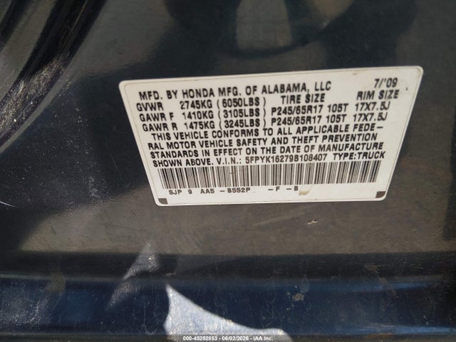 2009 Honda Ridgeline Rt მანქანა იყიდება აუქციონზე, vin: 5FPYK16279B108407, აუქციონის ნომერი: 45252853