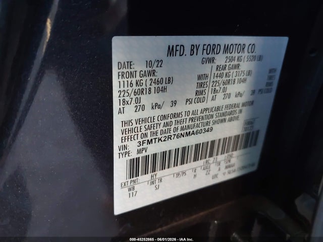 Aukcja sprzedaży 2022 Ford Mustang Mach-e California Route 1, vin: 3FMTK2R76NMA60349, numer aukcji: 45252865