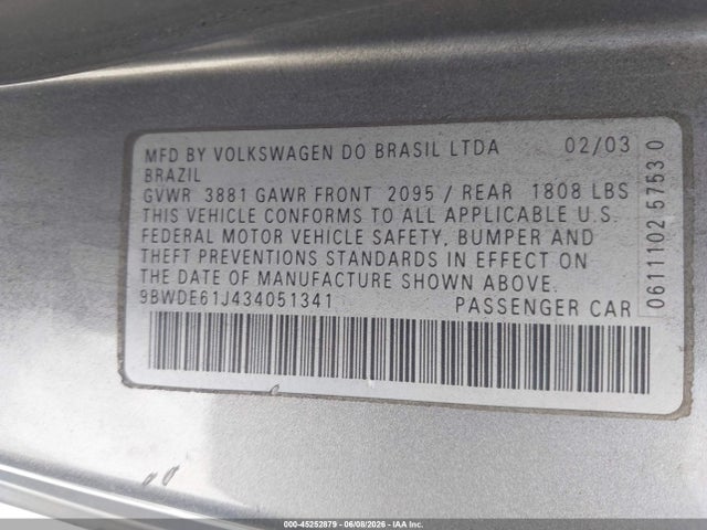 2003 Volkswagen Gti 1.8t მანქანა იყიდება აუქციონზე, vin: 9BWDE61J434051341, აუქციონის ნომერი: 45252879