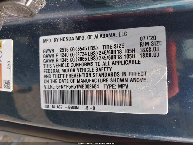 Продажа на аукционе авто 2021 Honda Pilot 2wd Ex-l, vin: 5FNYF5H51MB002684, номер лота: 45252882