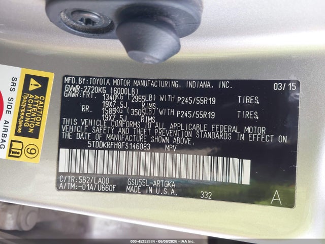 Aukcja sprzedaży 2015 Toyota Highlander Limited V6, vin: 5TDDKRFH8FS146083, numer aukcji: 45252884