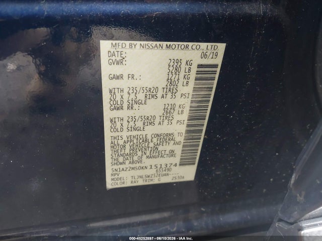 Aukcja sprzedaży 2019 Nissan Murano Platinum, vin: 5N1AZ2MS0KN151374, numer aukcji: 45252897